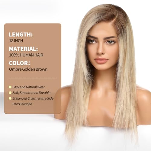 Image of RSY 18 Inch Ombre Golden Brown Human Hair Wigs for Women,Wig with Side Bangs,Wear Natural Realism,Real Hair Wigs,Blonde Human Hair