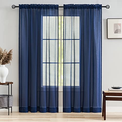 MYSTIC-HOME Sheer Curtains Navy Blue 95 Inches Long, Window Treatments Rod Pocket Drapes for Living Room, Bedroom, Semi Crinkle Voile Curtain Panels for Yard, Patio, Villa, Parlor, Set of 2, 52"x95".