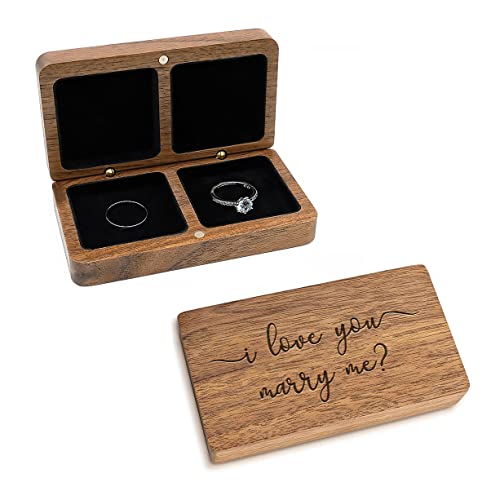 Wood Ring Box for Wedding Ceremony - Engagement Wooden Ring Bearer Box Wedding Accessories, Double Ring Boxes for Two Rings Case, Rustic Keepsake Engraved Wedding Ring Holder Gift…