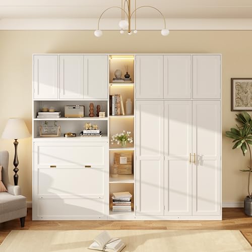 Merax Twin Murphy Bed with 5-Tier Shelves and Overhead Cabinets, White