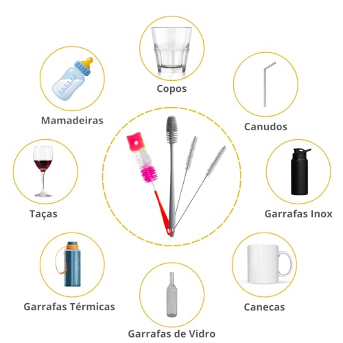 Kit, Conjunto, Jogo 4 Peças - Escovas Esponja 1 Silicone, 1 Nylon, Para Lavar Garrafas Mamadeiras Co