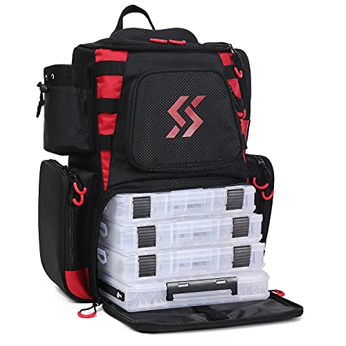 Sougayilang Fishing Tackle Backpack Waterproof Tackle Bag Storage with 4 Trays Tackle Box and Protective Rain Cover for Camping Hiking - Black