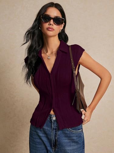Image of GRECIILOOKS Korean Tees for Women | Tops for Woman | Collared Casual Summer Tops for Women Western | Knitted Top Button-Up Short Sleeve Crop Top |Summer Stylish Texture Korean Knit Tee