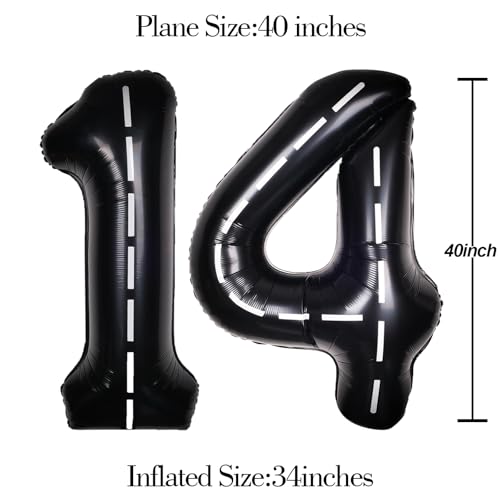 Image of Race Car 40 Inch Black 14 Large Helium Balloon Number 0-9 | Track Giant Digital 14th Foil Mylar Big Party Balloons for Men Birthday Car Theme Party Anniversary Graduation Decorations