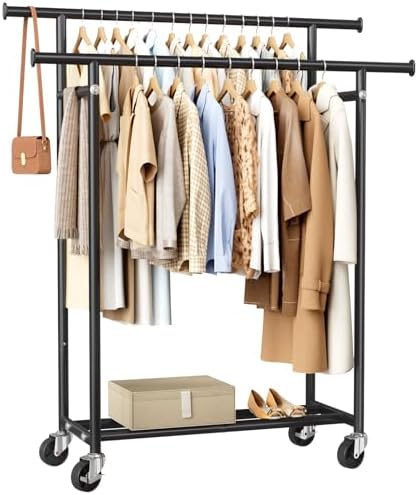 HYSEYY Clothes Rack, Double Rods Rolling Clothing Rack for Hangin...