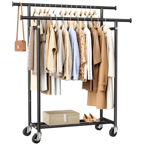 HYSEYY Clothes Rack, Double Rods Rolling Clothing Rack for Hanging Clothes, Portable Garment Rack with Wheels, Coat Rack Wardrobe Closet Load 240 LBS for Bedroom Laundry Room, Black