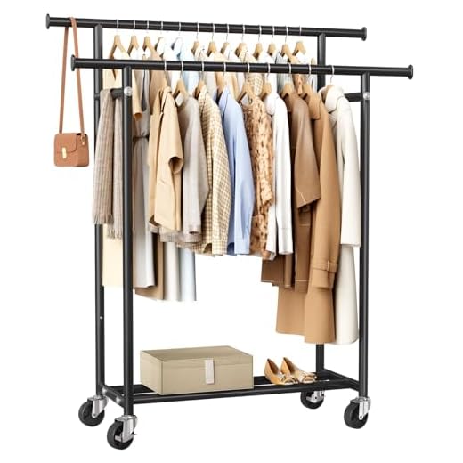 HYSEYY Clothes Rack, Double Rods Rolling Clothing Rack for Hanging Clothes, Portable Garment Rack with Wheels, Coat Rack Wardrobe Closet Load 240 LBS for Bedroom Laundry Room (Black, L)