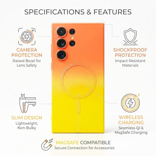 Image of amazon basics Gradient Mag-Safe Case for Samsung Galaxy S22 Ultra | Soft Silicone Shockproof Cover with Camera Protection | Slim Lightweight Design | Smooth Touch & Durable - Orange & Yellow