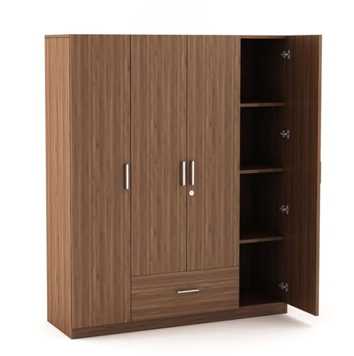 Image of DesignFit Engineered Wood 4-Door Wardrobe for Bedroom | Wooden Almirah with 1 Hanging Rod, 2 Drawers & 8 Shelves | Clothes Cupboard Storage Cabinet Furniture (Walnut Finish)