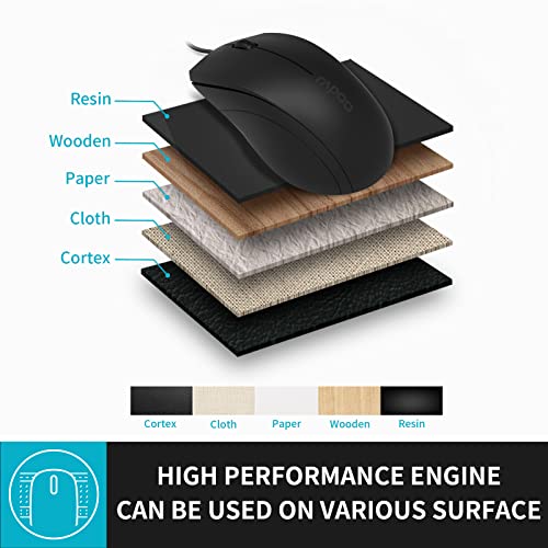 Rapoo Silent Wired Mouse, 1000 Dpi 5Ft Cord Quiet Button Optical Computer Mouse, Left Right Hand Use, For Laptop Chromebook Mac Notebook, Matte Black #TOP7