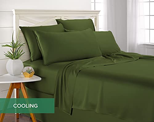 Image of Pure Bamboo Split King Sheets, Genuine 100% Organic Viscose Derived from Bamboo Bed Sheet Set, Soft & Cooling, Double Stitching, 2 Fitted Sheets (Split King, Pesto)