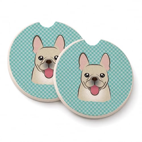 Caroline's Treasures BB1176CARC Checkerboard Blue French Bulldog Set of 2 Cup Holder Car Coasters Absorbent Sandstone Coasters for Car Cup Holders Gifts for Men or Women, Large, Multicolor