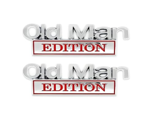 Image of 2pcs Metal Old Man Edition Emblem 3D Badge Fit for Universal Car Truck SUV Side Rear Front Hood Trunk Door Decal Sticker (Silver Red)