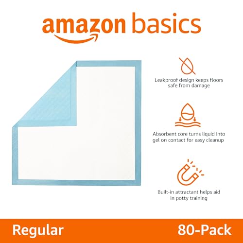 Amazon Basics Strapazierfähige Trainingspads für Hunde und Welpen, auslaufsicheres Design mit schnell trocknender Oberfläche, Normal (80Stück), Blau/Weiß