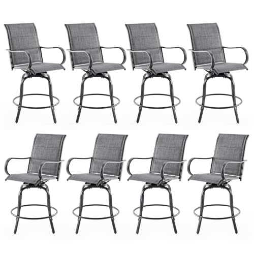 Image of Soohow Swivel Patio Bar Stools Set of 8, Textilene Padded Barstools Grey | 360 Swivel Tall Bar Height Chairs, Breathable Fabric, with Leveling Feet, Weather-resistant, for Balcony, Poolside, Yard