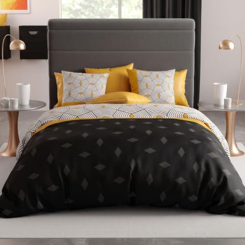 AltoBuy Parure Housse de Couette 260x240cm + 2 taies Motif Graphique Jaune et Noir 100% Coton - FARANDOLE