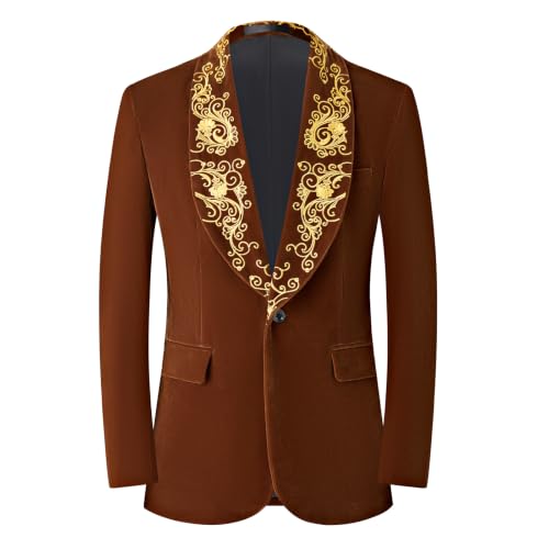 DAMANGUAN Men's Velvet Blazer, Gold Embroidered Suit Jacket, Black Tuxedo for Wedding Party Prom (US, Alpha, Large, Regular, Regular, Brown) - image 1