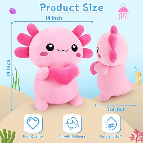 Axolotl Plush Pillow Stuffed Axolotl Stuffed Animal Plush Pillow Cute Plush Toys Animal Toy Hugging Pillow For Lover Cushion Pillows Cuddly Toy Soft Toys Heart for Boys Girls Present 13.7 inch