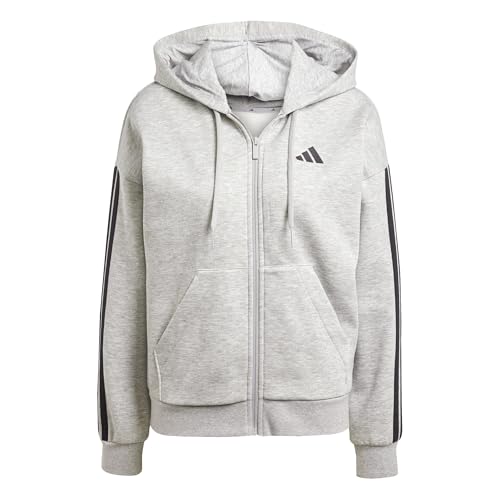 adidas Women's ESSENTIALS 3-STRIPES FULL-ZIP FLEECE HOODIE, medium grey heather/black, L
