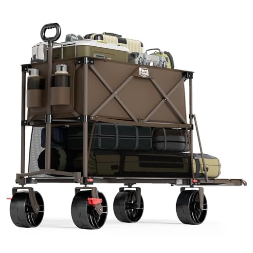 TIMBER RIDGE 400L Large Capacity Folding Double Decker Wagon, 54" Extra Long Extender Wagon Cart, 450lbs Heavy Duty Collapsible Wagon, All-Terrain Big Wheels for Camping, Sports, Shopping, Brown
