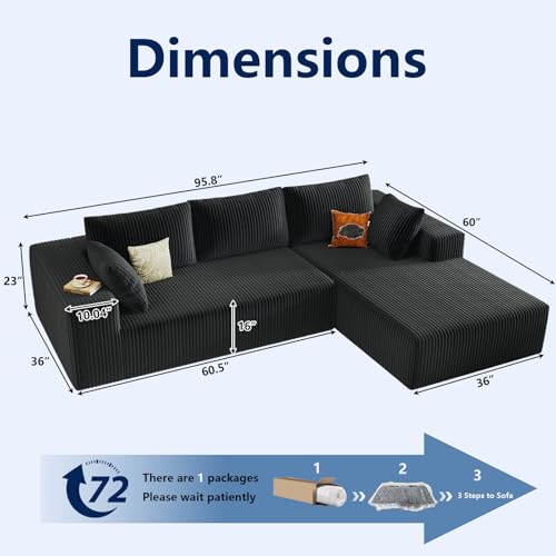 Image of 96 inch Modular Sectional Sofa, Modern Corduroy Cloud Couch with Deep Seat, Boneless Couch Upholstered 3-Seater L-Shaped Sofa for Living Room, No Assembly Required (Black, Right-Facing Chaise)