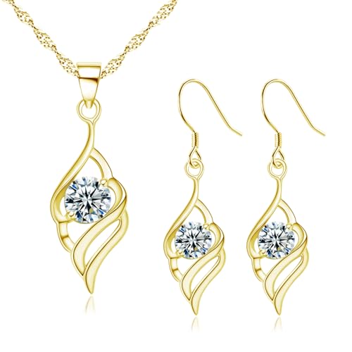 Image of Deyanse Jewelry Set Silver 925, Angel Wing Jewellery Set for Women with Zirconia, 925 Sterling Silver Dangle Drop Hook Earrings & Necklace Pendant Set, Wedding Jewelleryset Gifts for Wife Girlfriend
