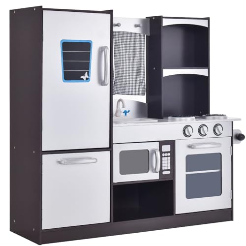 Maxmass Kids Wooden Kitchen, Children Pretend Play Kitchen with Blackboard, Oven, Gas Stoves, Microwave, Refrigerator, Faucet & Sink, Little Chef Cooking Role Playset for Boys Girls
