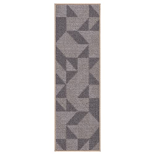 Ottomanson Machine Washable Abstract Geometric Design Non-Slip Rubberback 8.5" X 26" Traditional Stair Treads For Wooden Stairs, 7 Pack, Gray Abstract #TOP6