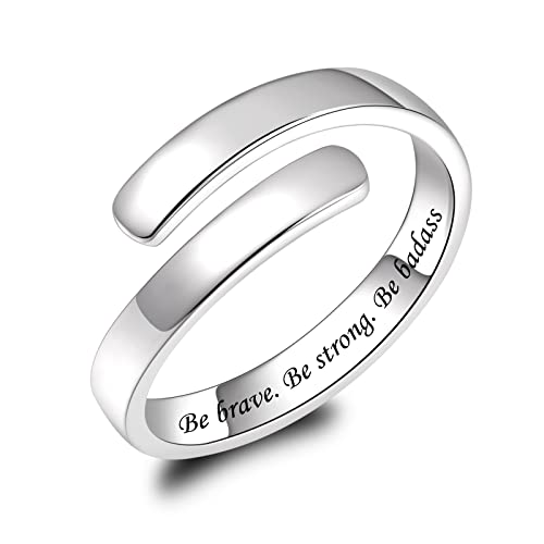 925 Sterling Silver Inspirational Jewelry Rings Adjustable Ring Personality Encouragement Gift for Teens Women (Be brave, Be strong, Be badass)