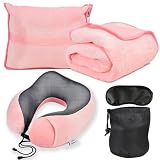 Travel Blanket and Pillow Set - Travel Neck Pillow & Blanket for Airplane, Thick Fleece Traval Blanket Campact with Bag, Memory Foam Neck Pillow, Sleep Mask, Earplugs for Plane Travel, Pink