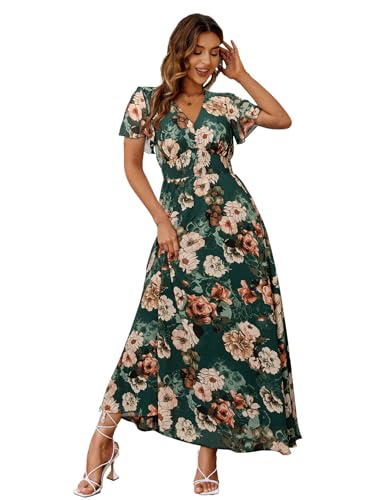 Simplee Women's Boho Floral Maxi Dress Flowy Casual V Neck Short Sleeve Wedding Guest Holiday Beach Long Dress