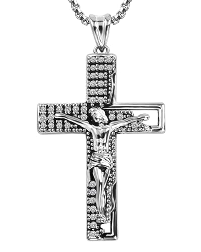 Seyaa Vintage Silver Cross Necklace Men Women, Jesus Crucifix Pendant Necklace, Mens Jewellery Gift for Baptism Birthday
