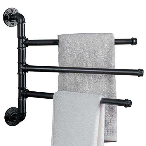 Mygift Wall Mounted Bathroom Towel Rack, Black Metal Industrial Pipe Design Swivel 3 Bar Towel Rack #TOP5