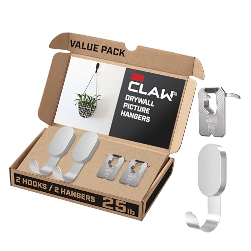 3M CLAW 25 lb. 2 Drywall Silver Hooks & 2 Extra Picture Hangers, Heavyweight Hanging Solution for Backpacks, Jackets, Pictures and Room Decor, Cute Wall Hooks - 4 Pack by 3M CLAW - Used condition - US$19.27