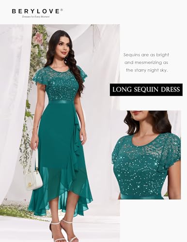Image of BeryLove Formal Long Dresses for Women Wedding Guest Cocktail Bridesmaid | Airy Lace & Chiffon Evening Gown, Flutter Sleeve, Ideal for Mother of the Bride, Prom, Homecoming Party & Semi-Foraml Events