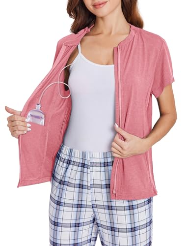 Deyeek Mastectomy Shirts with Drain Pockets Post Shoulder Surgery Tops for Women Chemo Port Short Sleeve with Zippers