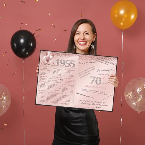 Image of Vlipoeasn 70th Birthday Party Guest Book for Women, Creative 1955 Poster Sign in Book, Pink and Black Back in 1955 Signature Book, 70 Year Old Birthday Party Decorations Centerpieces Supplies