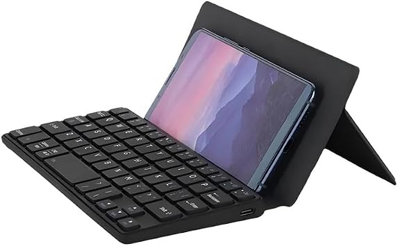 Mini Foldable Bluetooth Keyboard for Samsung iPad and Phones Portable Ultra-Slim Travel Keyboard with AKickstand and Leather Cover for Windows iOS Mac and Android