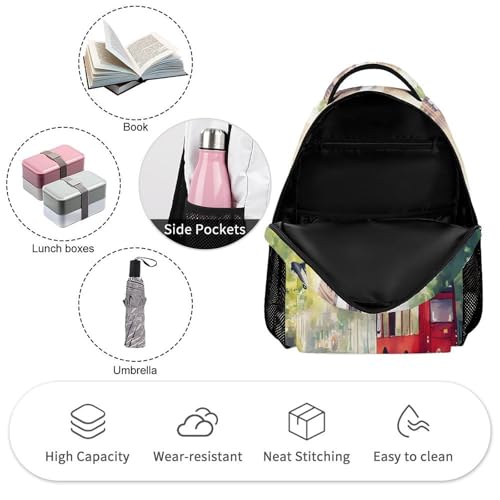 Watercolor London Street Big Ben Bus Travel Backpack Casual Daypack Shoulder Bag with Adjustable Shoulder Straps3