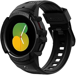 Spigen Rugged Armor Pro Case with built in Strap Band Compatible with Samsung Galaxy Watch 5 44mm (2022) and Samsung Galaxy Watch 4 44mm (2021) - Black