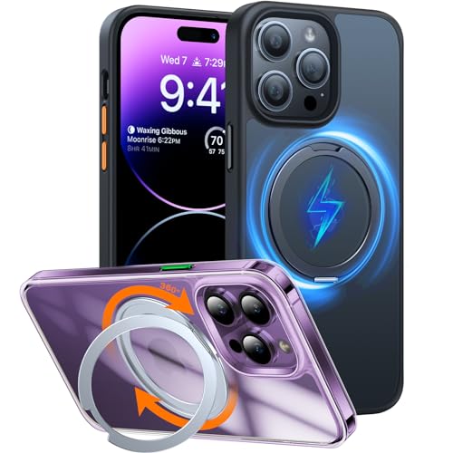 TORRAS 360°Rotatable Ring for iPhone 15 Pro Case, Compatible with MagSafe 15 Pro Case with Stand Translucent Slim Protective Ring Holder Military Grade Shockproof Cover for 15 Pro 2023, Blac