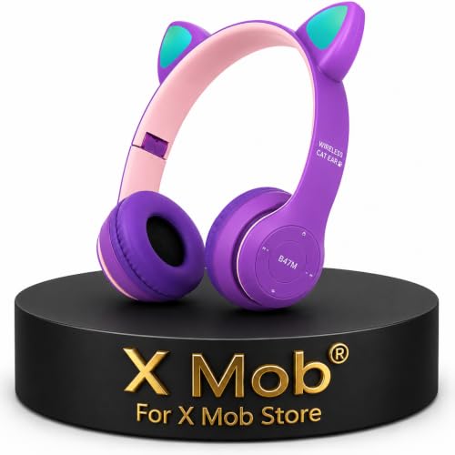 سماعة راس لاسلكية للالعاب من X Mob، سماعات اذن قطة LED، سماعات بلوتوث ستيريو مضيئة، للاطفال والكبار