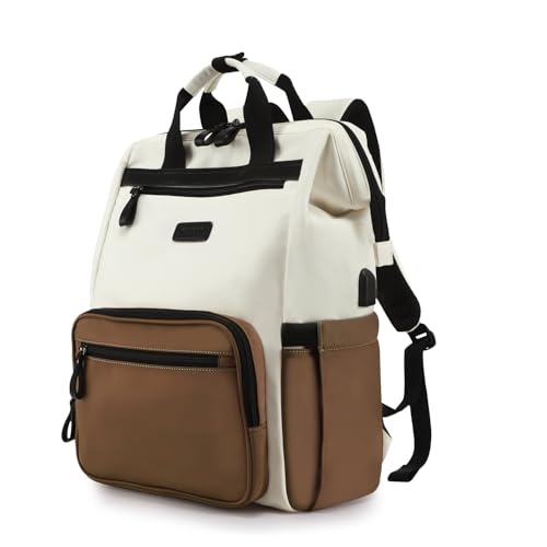 Timeet Laptop Backpack for Women, 15.6 Inch Travel Backpack Purse with USB Charging Port, Waterproof and Anti theft Carry On Backpack for Office College Teacher Women Men, White-Brown by Timeet - Used condition - US$26.03
