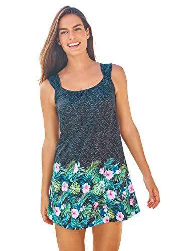 Swimsuits For All Swim 365 Women's Plus Size Smocked Swim Dress Set - 40, Tropical Garden Border