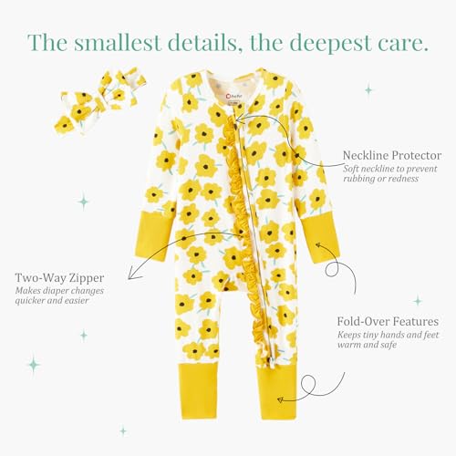 Image of PATPAT Bamboo Viscose Baby Footie with Headband, NB-2T | 2 Way-Zipper, Fold-over mittens and feet, Soft and Breathable, True to size, Stretchy for duration, Comfort in every season