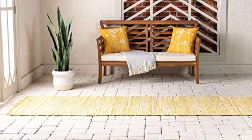 Unique Loom Chindi Cotton Collection Soft Hand Woven Natural Fiber Striped Area Rug, 2 Ft 2 In X 6 Ft 7 In, Yellow/Ivory #TOP3