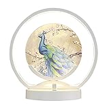  HASMI Lampe de Table Lampe de Chevet Comptoir Romantique Cadre Fer Forgé Rond et Abat-Jour Acrylique Paon Lampe à Poser Décorative Diamètre 24 cm (Blanc) Lampe de Chevet