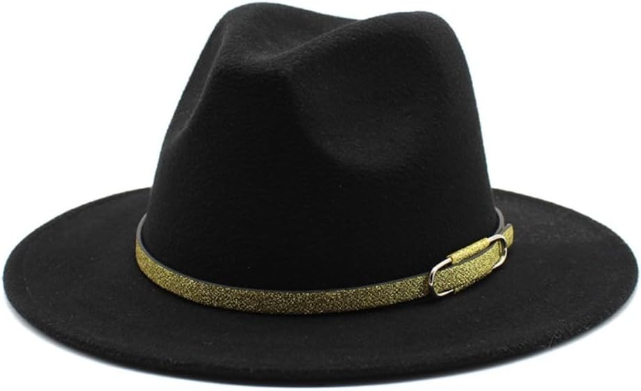 Classic Western Style Wool Fedora Hat, Yellow with Gold Belt Accent, Wide Brim Crown