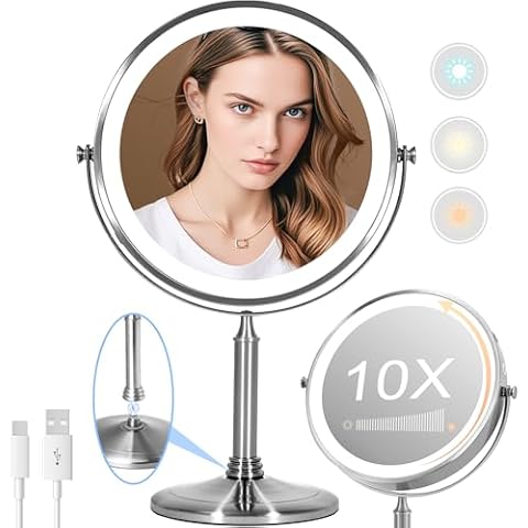 9.1" Large 4000mAh Rechargeable Lighted Makeup Mirror Nickel, 2-Sided 1X/10X HD Undistorted Magnifying Mirror with 3 Color Lights Dimmable, 360° Swivel Cordless Travel Vanity Mirror-Detachable Cover