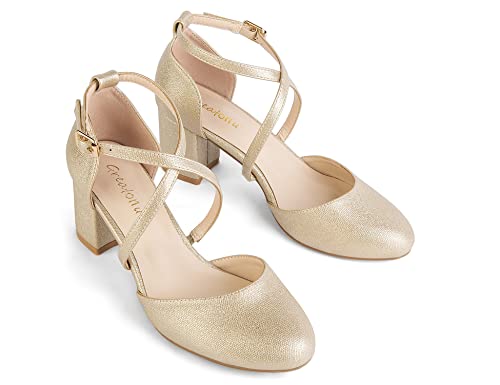 Greatonu Escarpins Bride Cheville Femme Escarpins Bloc Talons Pumps Femme Talon Haut avec Lanière Croisée et Bout Fermé - Parfait pour Les Mariages et Les fêtes-EU40-Or – vue 5